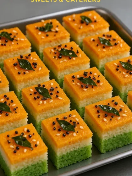 A full tray of my special Tiranga Dhokla, garnished with curry leaves and mustard seeds. These are perfect for large gatherings, corporate events, or Independence Day celebrations.