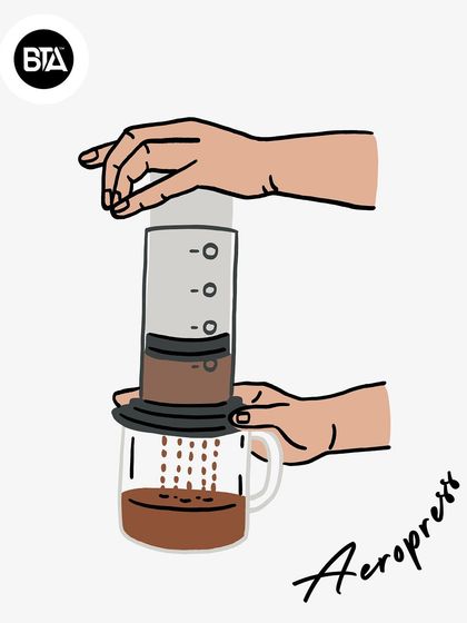 An illustration of the Aeropress in action. This manual brewer is a favorite for its portability and the control it offers over the brew.