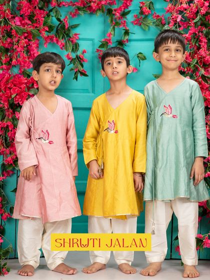 I offer my popular angrakha style kurta sets in three beautiful shades: blush pink, mustard yellow, and mint green. They are perfect for brothers to coordinate or for mixing and matching with their sisters' outfits.