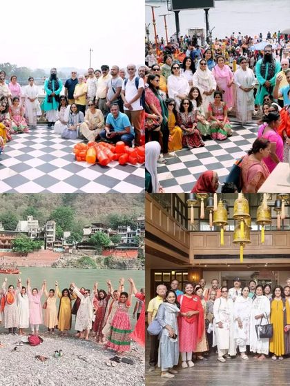 This collage captures the essence of our Himalayan retreat excursions, from the banks of the Ganga in Rishikesh to moments of quiet connection and group photos.