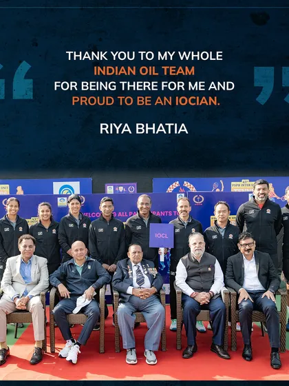 Teamwork and support. Riya Bhatia with her Indian Oil team after their win at the PSPB Tournament, a result of our holistic approach to athlete support.