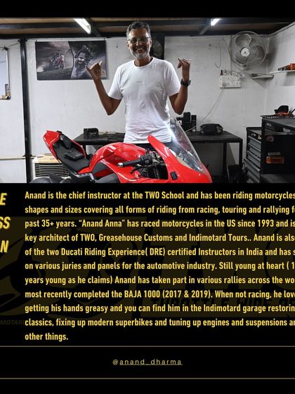 An introduction to me, "The Boss Man," as the chief instructor at the T.W.O. School. This graphic covers my 35+ years of experience in racing, touring, and building bikes.