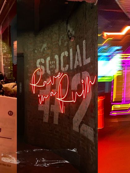 A collage capturing the 'Rave in a Ruin' vibe of Hauz Khas Social, with neon signs and ancient stone walls.