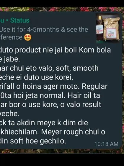 This review means so much. A customer shared how my hair oil and hair pack made her hair soft, smooth, and reduced hair fall. She even used the pack on her daughter's rough hair, and it became soft.