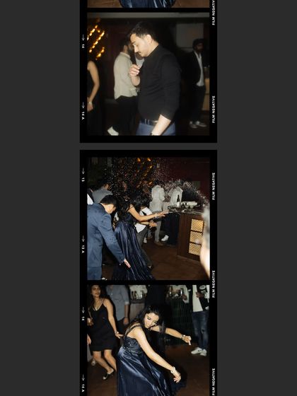 A film-strip style collage of the bride and guests dancing and celebrating at the cocktail party. It captures the energy and movement of the night.