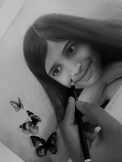 A work-in-progress shot of another collaborative piece, where I added creative butterfly elements to the portrait started by the client.