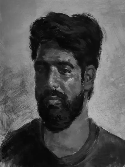 A black and white study of the portrait of my friend Sunil, focusing on tonal values.