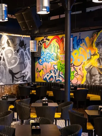 This is a full interior I blasted for a restaurant in Parel, Mumbai. I work with brands and businesses to create a specific vibe, whether it's raw street energy or something more polished. I make spaces unforgettable.