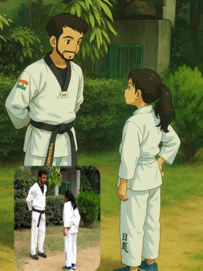 This image captures the heart of my coaching philosophy: mentorship. On the bottom is a real photo of me with a young student in our doboks (uniforms), and above is a beautiful anime-style edit that a student made, showing the strong bond we build.