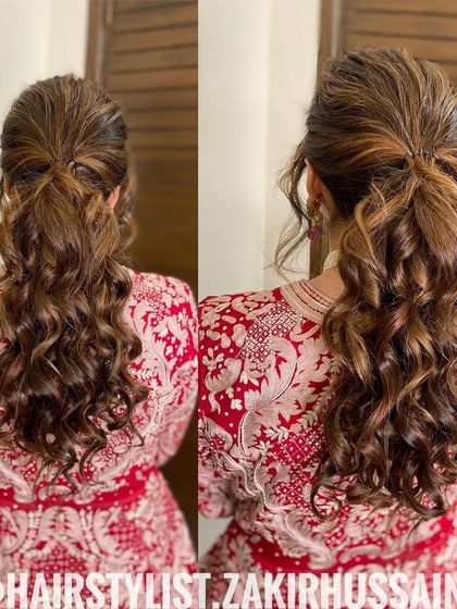 A dual-angle view of the messy ponytail, showing the texture and height that make this style so glamorous.