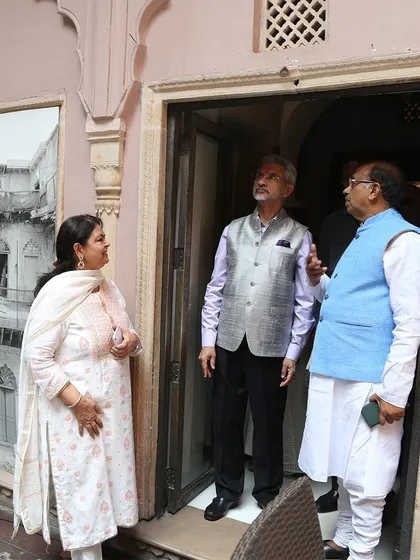 Discussing the architectural details of the Golden Haveli restoration with Dr. S. Jaishankar. Every element, from the balconies to the doorways, was carefully considered to preserve the building's historic character.