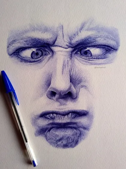 This piece, 'Goofy', is an example of what's possible with just a simple ballpoint pen. It took about 15 hours to create this hyper-realistic facial expression study on A4 paper, showing the versatility of different mediums in my work.