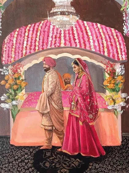 This piece captures the serene and sacred moments of an Anand Karaj ceremony. My realistic style focuses on the intricate details of the couple's attire and the beautiful floral decor of the Gurudwara setting.