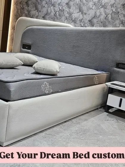 A final shot of the custom grey and white bed, ready for the client. I can customize the fabrics and finishes to match your exact vision.
