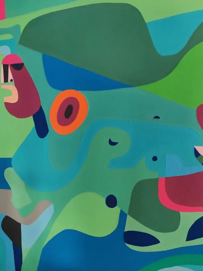 A detail of a colorful abstract canvas in the studio.