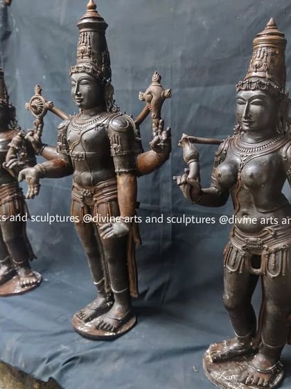 A wax model set of Lord Balaji (Vishnu) with his consorts Sridevi and Bhoodevi. This shows how we prepare a complete set for a home or temple altar.