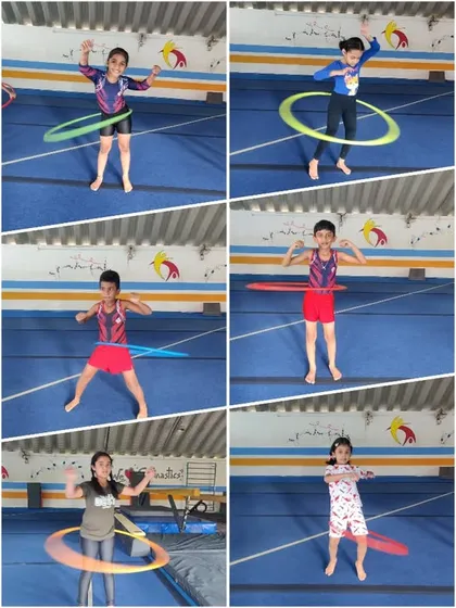 A collage of our beginners having fun with hula hoops. We use props like these to make our warm-ups and conditioning exercises more engaging for the kids.