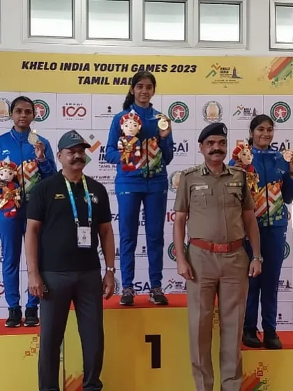 Anushka on the podium after winning the Gold medal in the 50M 3P Rifle event at the Khelo India Youth Games in Chennai.