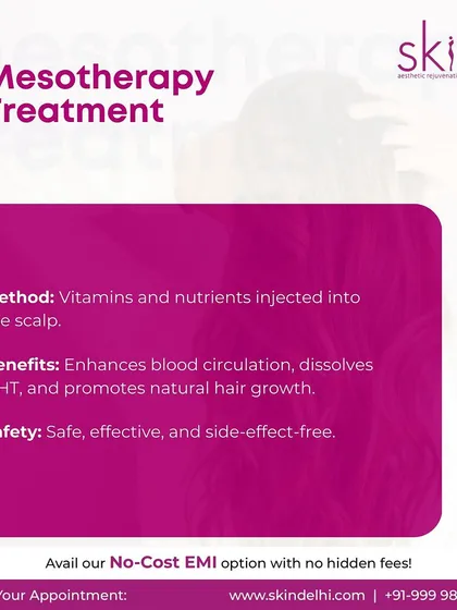 Here are the core details of my Mesotherapy treatment. I inject a solution of vitamins and nutrients into the scalp to enhance blood circulation, dissolve excess DHT, and promote natural, side-effect-free hair growth.