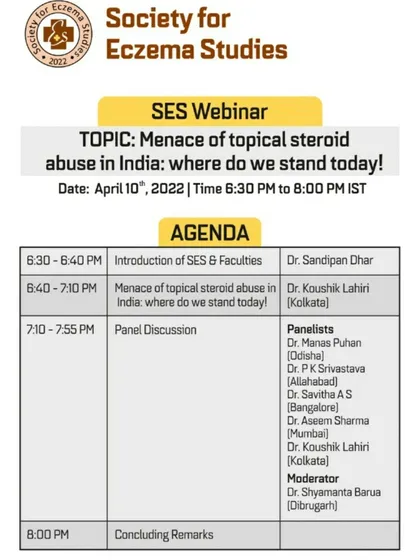 The misuse of topical steroid creams is a significant health concern in India. I was honored to be a panelist for the Society for Eczema Studies, discussing this menace and advocating for safer skincare practices and patient education on steroid-induced skin damage.