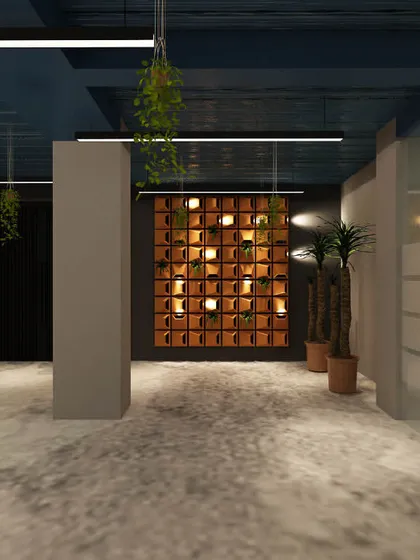 A view of the office corridor, featuring graffiti art and a unique wooden wall installation. The design incorporates artistic elements to inspire creativity.