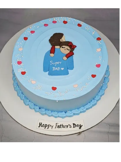 A "Super Dad" cake with a chocolate truffle flavor. This design features a handmade fondant topper of a father hugging his daughter.