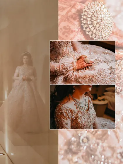 An artistic collage that layers details of the bride's gown, jewelry, and mehndi over a soft, full-length portrait. This creative composition tells a story of her complete bridal look.