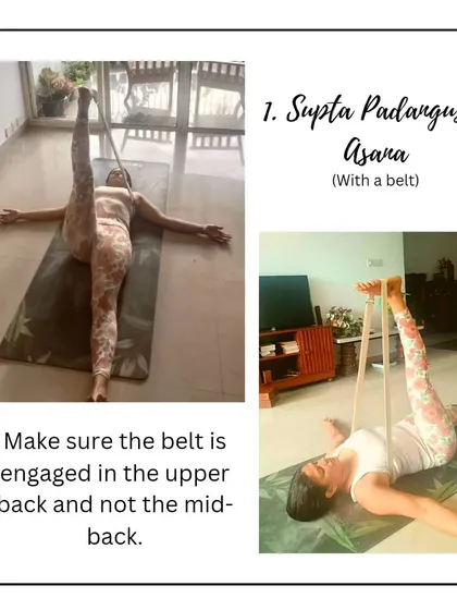 Supta Padangusthasana with a belt is a classic restorative stretch. The belt allows you to gently guide your leg into a deeper hamstring stretch without straining.
