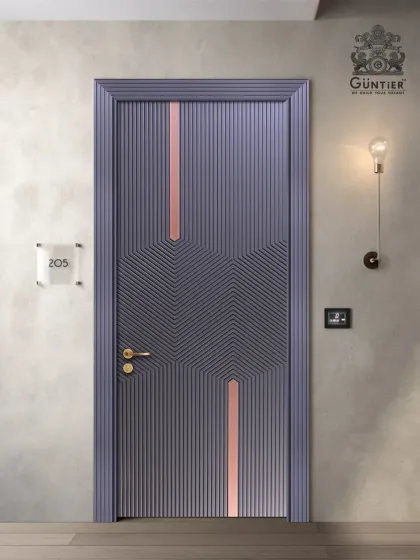 Your door doesn't have to be a standard wood finish. I love creating pieces that add a pop of color and personality, like this modern door with fluted patterns and a striking copper inlay. The pigmented PU finish ensures the color is rich and durable.
