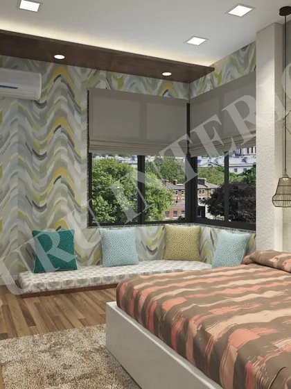 An alternative wallpaper option presented in a 3D render for the same bedroom with a window seat. This demonstrates how we help clients customize their space down to the last detail.