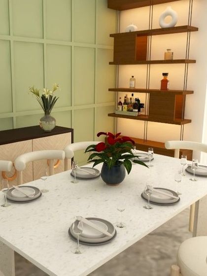 A full view of the dining setup with a custom bar unit in the corner.