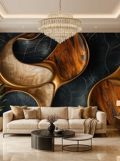 A sophisticated wallpaper combining wood and gold textures in an abstract 3D design. This mural adds warmth, texture, and a high-end feel to the room.