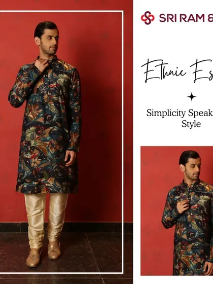 Redefine your wardrobe with the unparalleled sophistication of a bespoke kurta pajama. This multi-colored printed kurta is a perfect fusion of tradition and modern elegance.