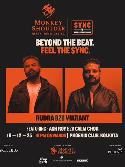 A poster highlighting the supporting B2B set by Rudra and Vikrant for the SYNC event in Kolkata.
