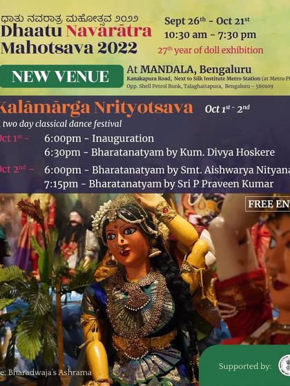 A poster for the 2022 dance festival, set against the backdrop of the Dhaatu Navaratra Mahotsava doll display.