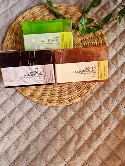 My summer soap bundle featuring Honey Manjishtha, Aloe Basil, and Honey Kasturimanjal, perfect for fighting tan and soothing skin.