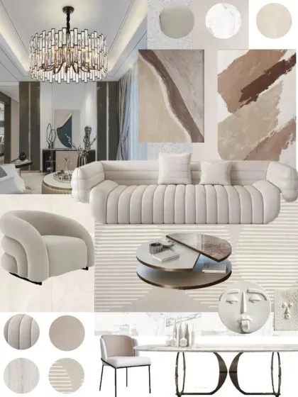 A mood board for a modern living room, focusing on sculptural furniture, a neutral color palette, and artistic accents. This visual tool is key to aligning on the design direction with my clients.