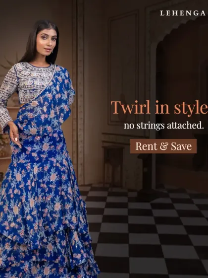 Twirl in style, no strings attached. This blue floral tiered lehenga is a fun and flirty option for a sangeet or festive party, available to rent for a fraction of the retail price.