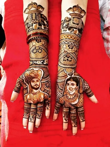 A stunningly detailed portrait of a bride and groom, showcasing our expertise in creating personalized and realistic figures for your special day. This level of detail is what makes our bridal mehndi packages unique.