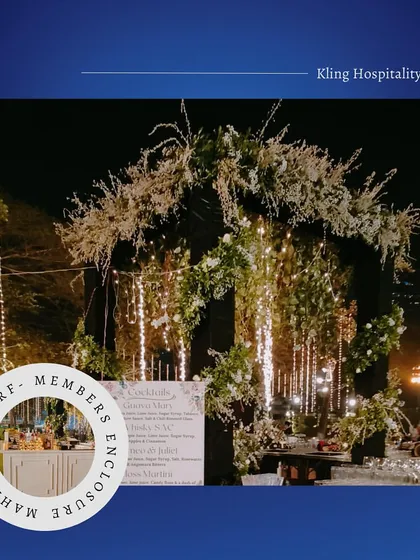 Our bar setup at the Mahalaxmi Turf Club members' enclosure, designed for an exclusive event. The floral arch and fairy lights create a beautiful and inviting space for guests to gather and socialize.