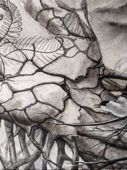 A detail of the 'Sapling' underpainting. The intricate line work for the fern and the texture of the cracked hand are carefully rendered in acrylic before any oil paint is applied.