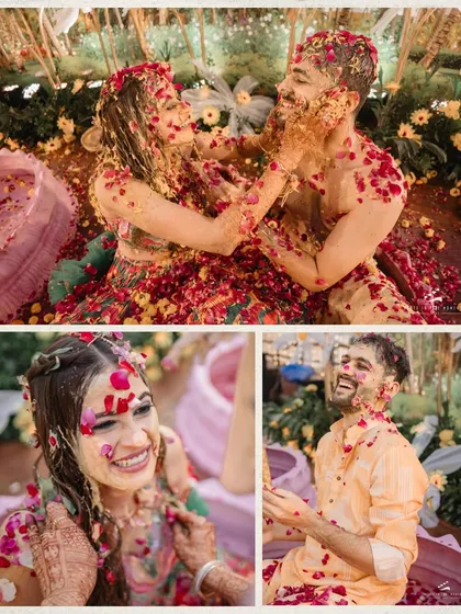 The aftermath of a truly wild Haldi celebration. Covered in turmeric and flower petals, the couple shares a moment of pure, unadulterated fun and laughter.