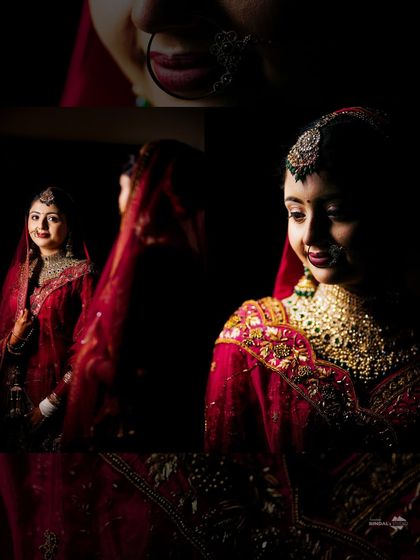 A collage of moody and artistic bridal portraits. The use of shadows and reflections in a mirror creates a sense of intimacy and mystery.