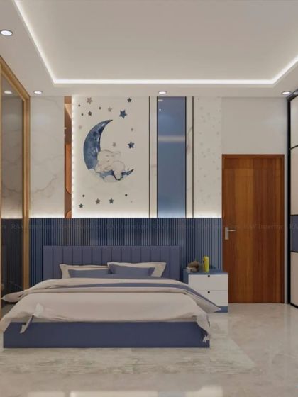 This kids' room render features a moon and stars theme, with a blue-paneled headboard and a large sliding wardrobe.