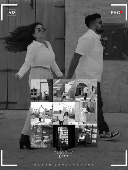 A creative black and white collage designed to look like a film reel, capturing multiple candid moments from a classic love story shoot in Dubai.