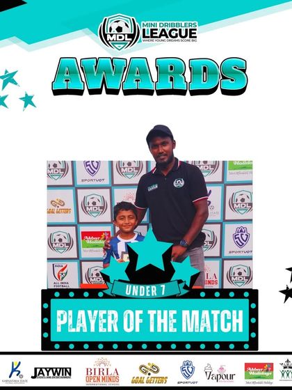 A coach congratulates a U7 player on being named 'Player of the Match', reinforcing the value of hard work.