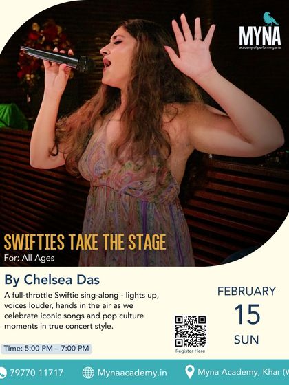 For all the Swifties! This poster announces our special Taylor Swift sing-along event with Chelsea Das. It's a full-throttle celebration of iconic pop songs and concert moments, showing the fun and contemporary side of our community events.