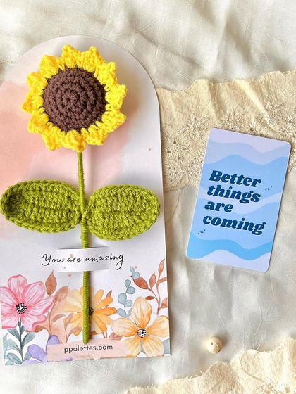 A simple gift with a positive message. Our single crochet sunflower on a decorative card, paired with a 'Better things are coming' note.