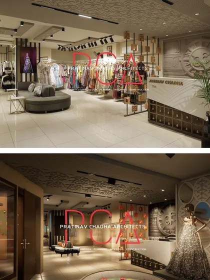 Another render-to-reality comparison, showcasing the overall store layout, lighting plan, and atmospheric design from concept to completion.