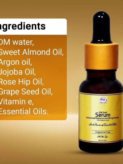 I use a blend of powerful oils in my 24k Gold Serum, including Sweet Almond, Argan, Jojoba, and Rose Hip oil, to deeply nourish your skin.